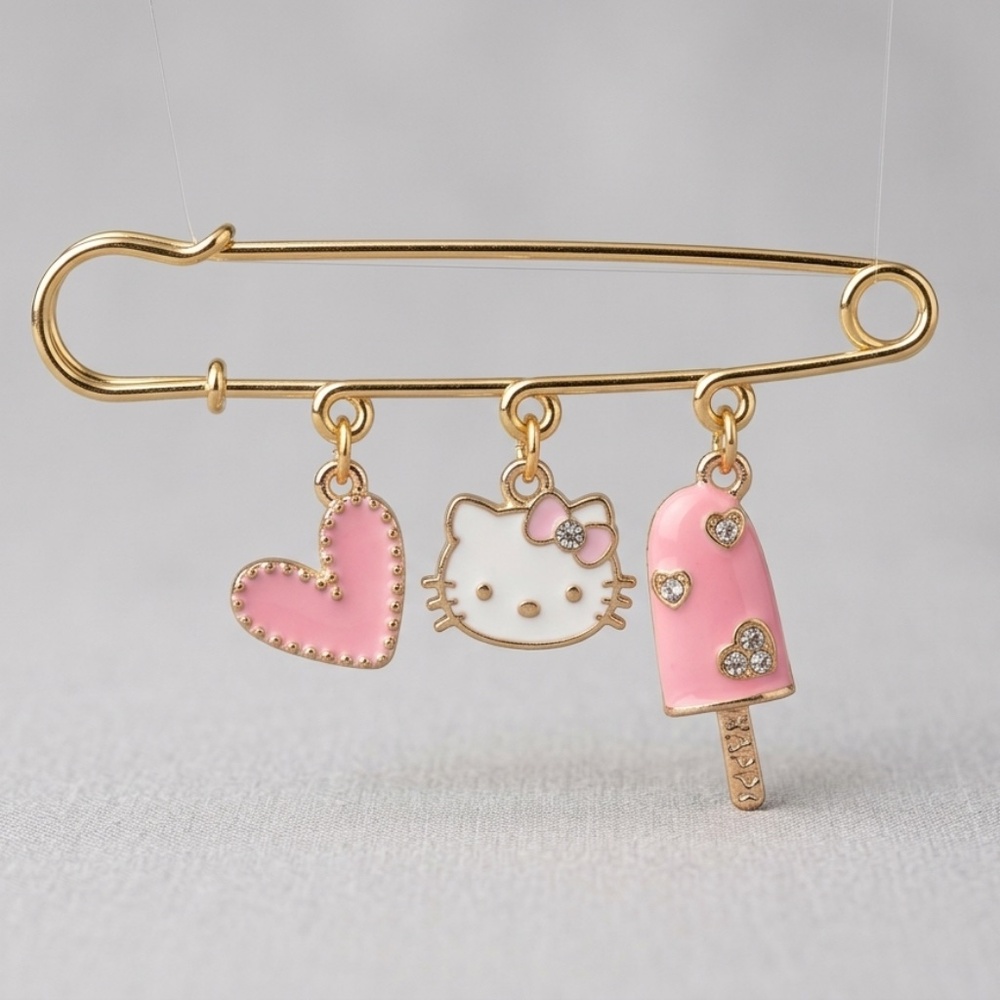 Coquette Pink Hello Kitty Style Heart Charm Pin